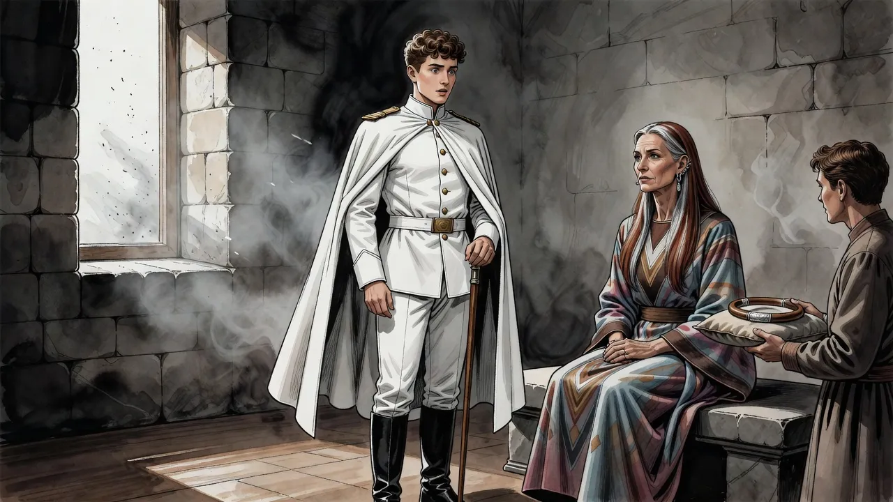 A young man in a white military uniform stands straight in a stone room while a tall grey-haired woman appraises him and an assistant offers a simple circlet.