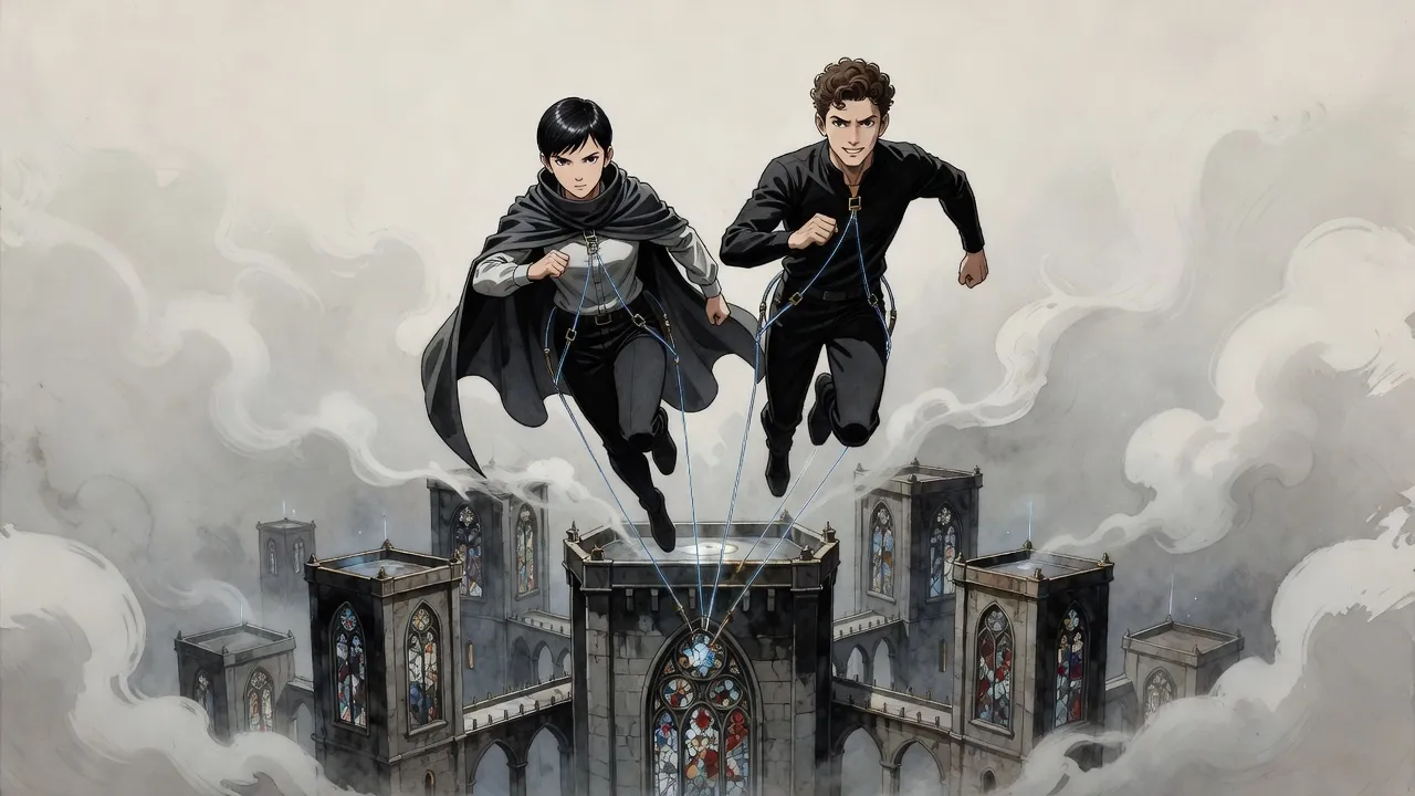 Two figures shoot upward side by side through thick night mist above a stained-glass tower, glowing blue lines running down from each of them.