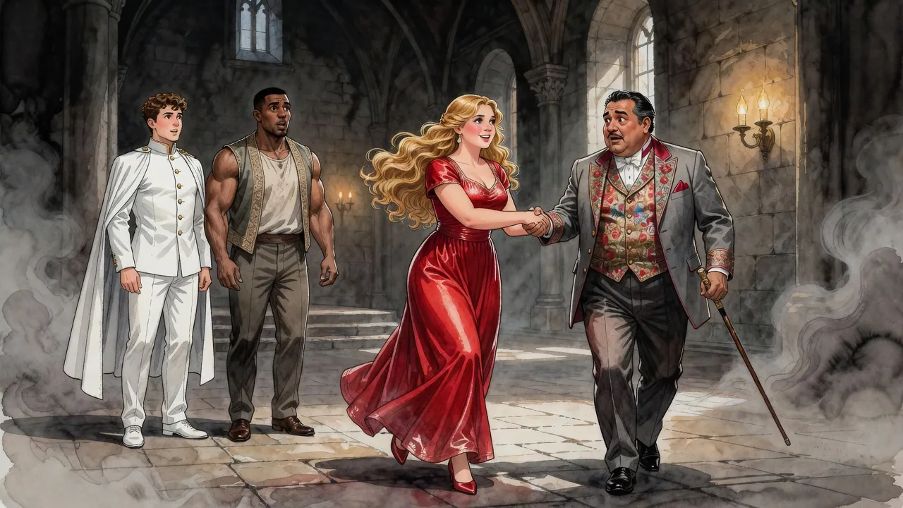 A young woman with golden hair in a red gown seizes the hands of a startled portly gentleman while two men look on.