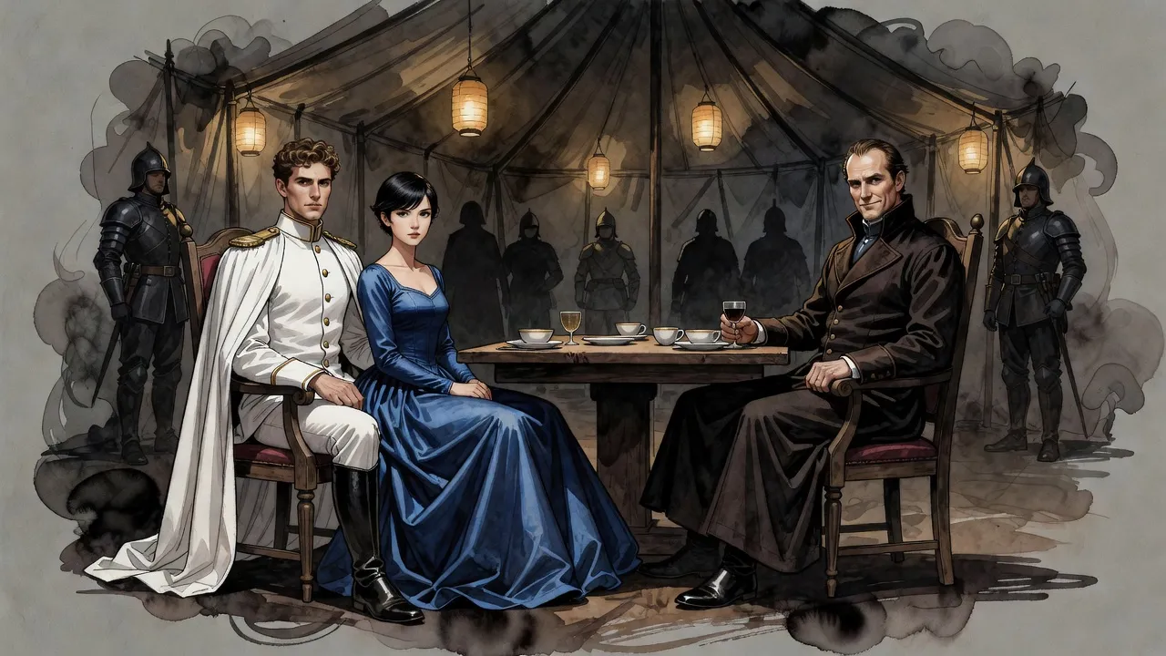 In a lantern-lit tent a young man in white and a young woman in a royal-blue gown sit across a table from a tall, cold-faced older nobleman.