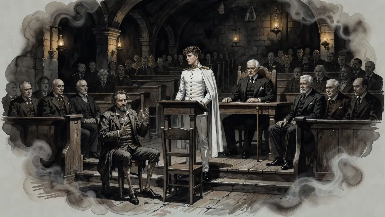 In a crowded assembly hall a young man in white turns from a lectern toward a bearded man seated in a plain wooden chair, while a white-haired lord presides.