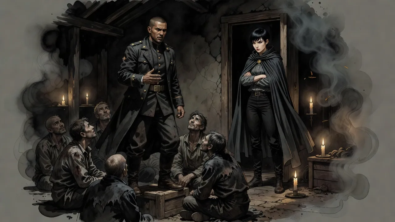 A young soldier speaks with fervour to a small crowd of seated workers in a candlelit room while a young woman watches from a dark doorway.