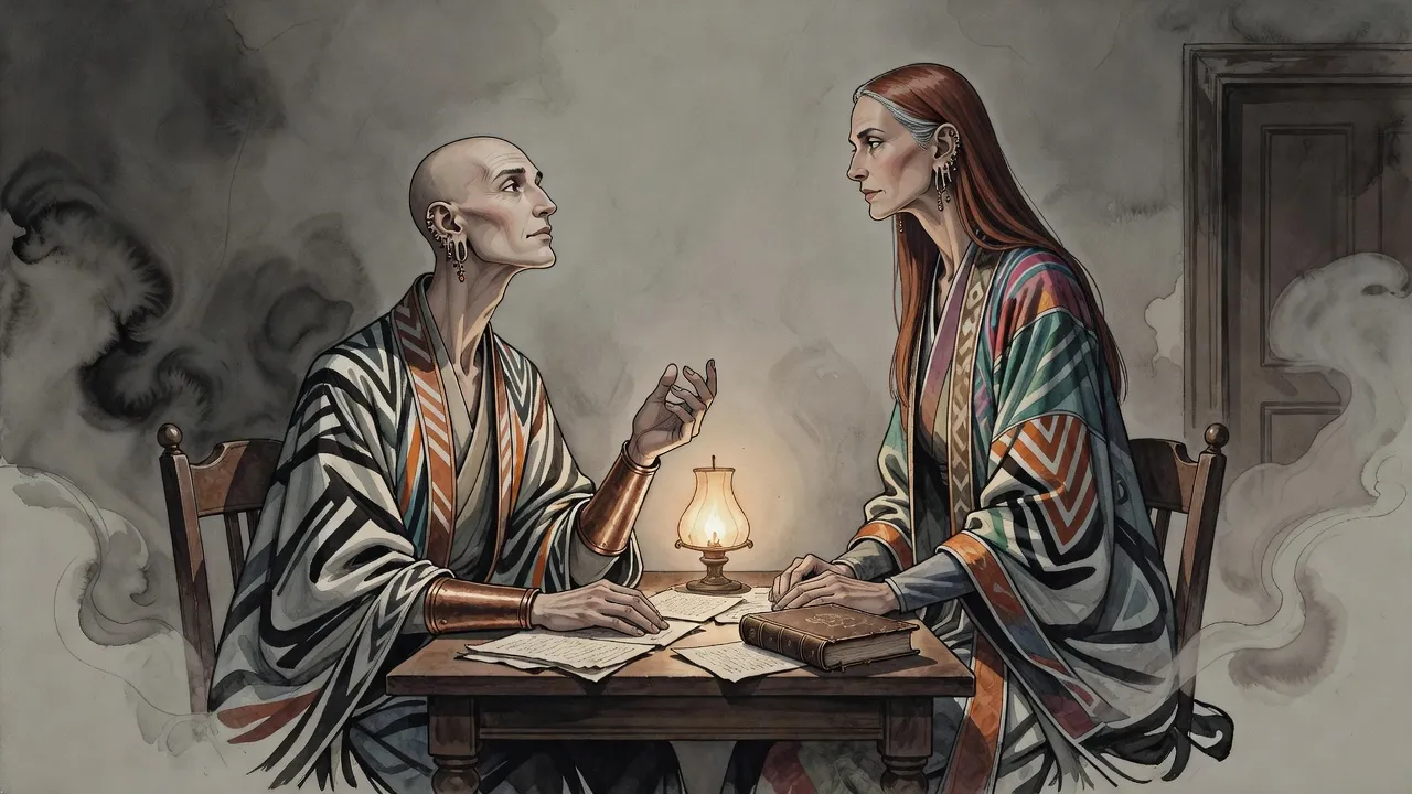 A tall bald man at a lamplit table looks up and half reaches toward a tall grey-haired woman who has risen and paused on her way to the door.