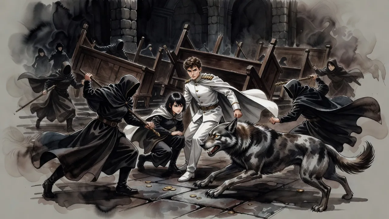 In an assembly hall in uproar a young woman lands crouched between a young man in white and a charging attacker while a big grey dog lunges at another.