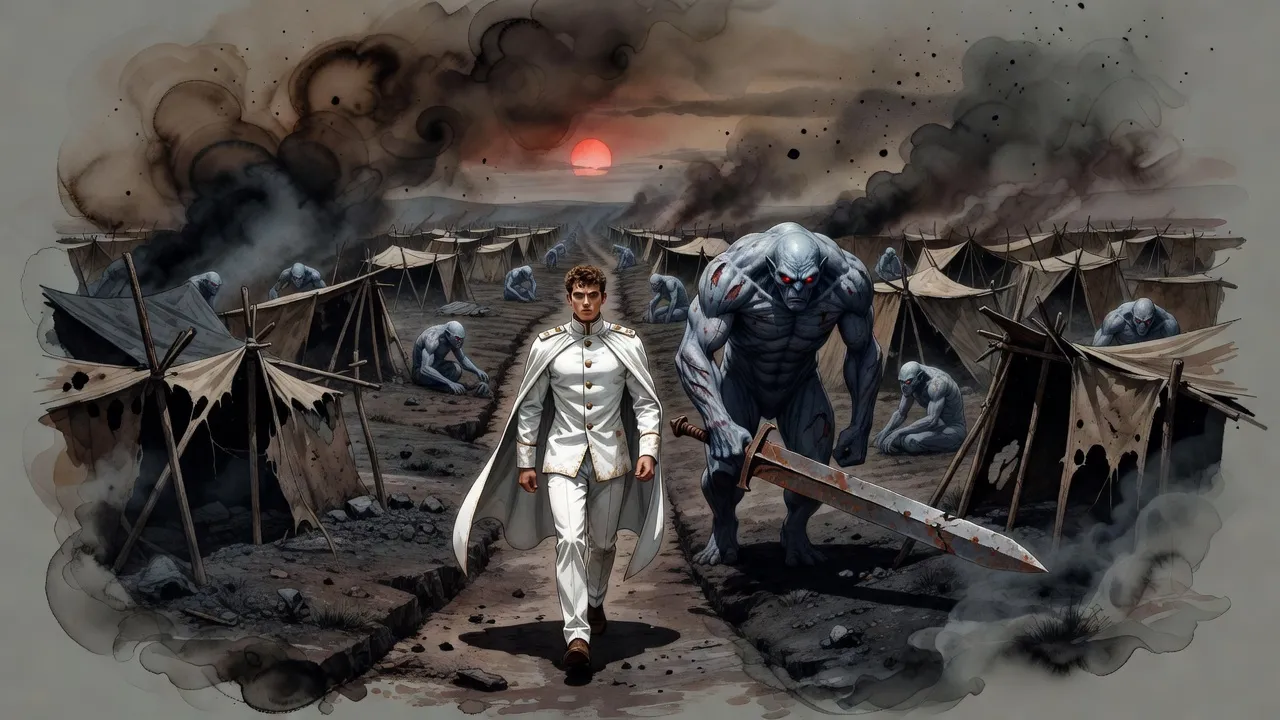 A young man in a white uniform walks alone between enormous blue-grey creatures with red eyes in a vast camp on an ashen plain.