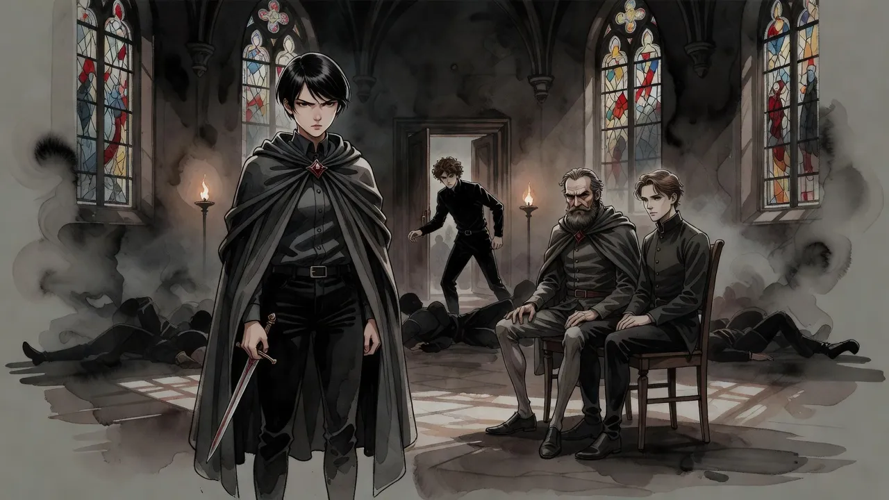 In a high chamber ringed with stained glass a young woman with a lowered dagger faces a bearded man in a wooden chair and a young nobleman, while a man in black turns away.