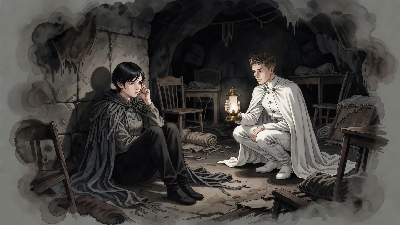 In an abandoned underground den a young woman sits against the wall with her knees drawn up while a young man in white crouches nearby holding a lamp.
