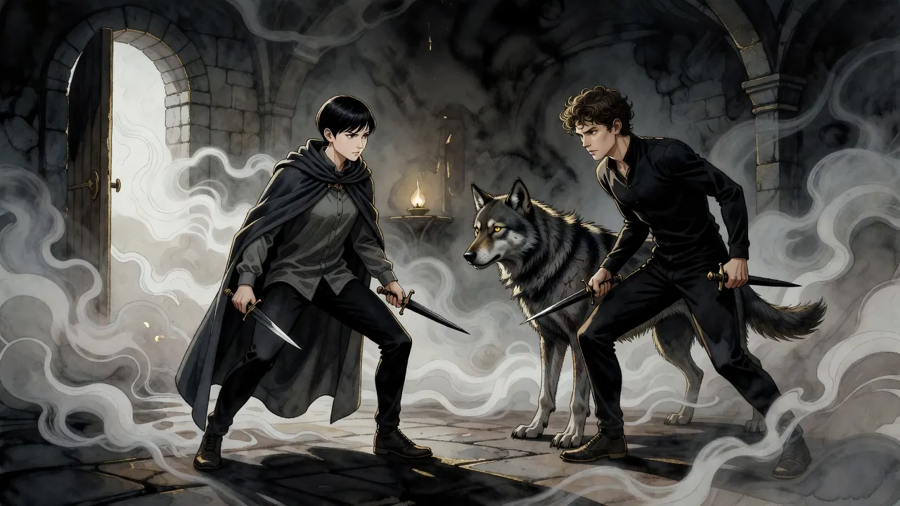In a dim room filling with mist a young woman and a man in black crouch facing each other with daggers while a big grey dog stands between them, its head turned to the man.