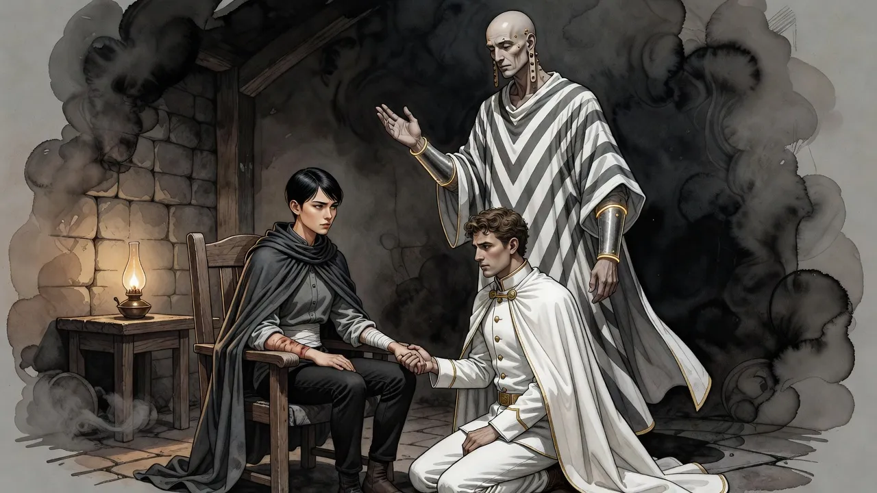 A bandaged young woman sits holding the hand of a young man in white who kneels before her, while a tall bald man in striped robes raises a hand over them.
