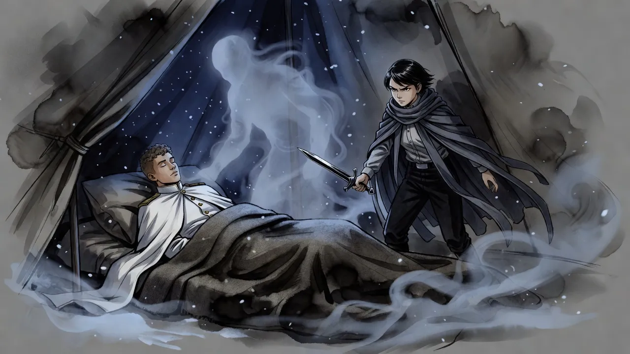 Inside a small tent at night a figure made of mist bends over a sleeping young man while a young woman springs up and thrusts a dark dagger at it.
