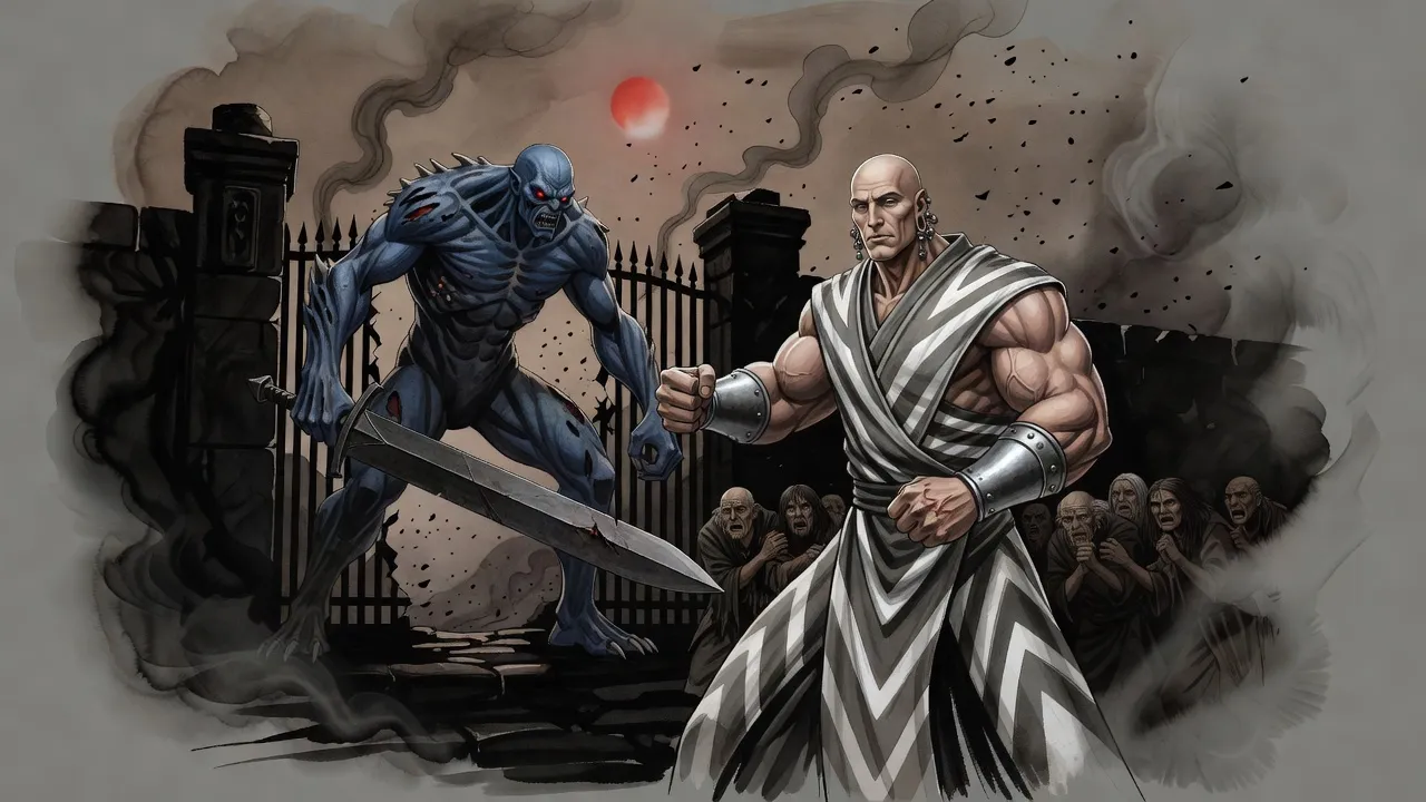 At a broken city gate a tall bald man swollen with huge muscle draws back his fist at an enormous blue-grey creature while ragged townspeople stand behind him.