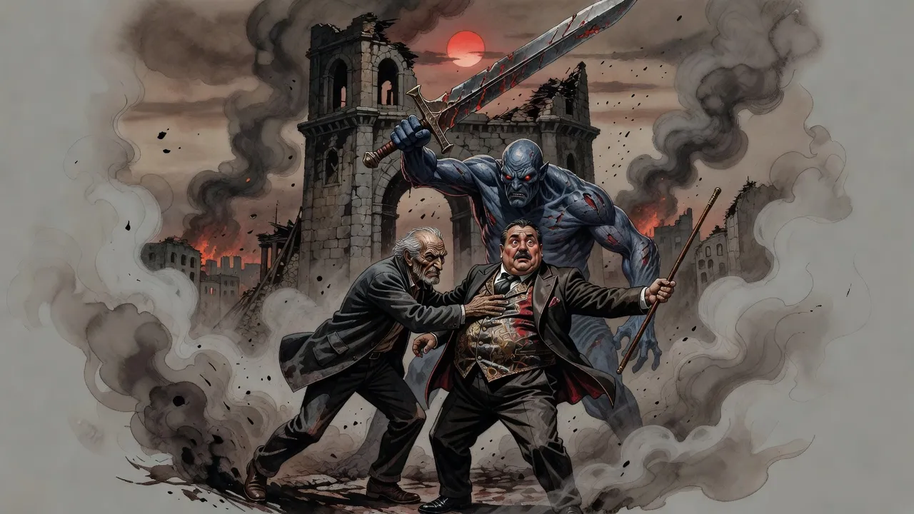 On a broken gatehouse an older man shoves a portly gentleman aside as an enormous blue-grey creature swings a huge sword down at them.