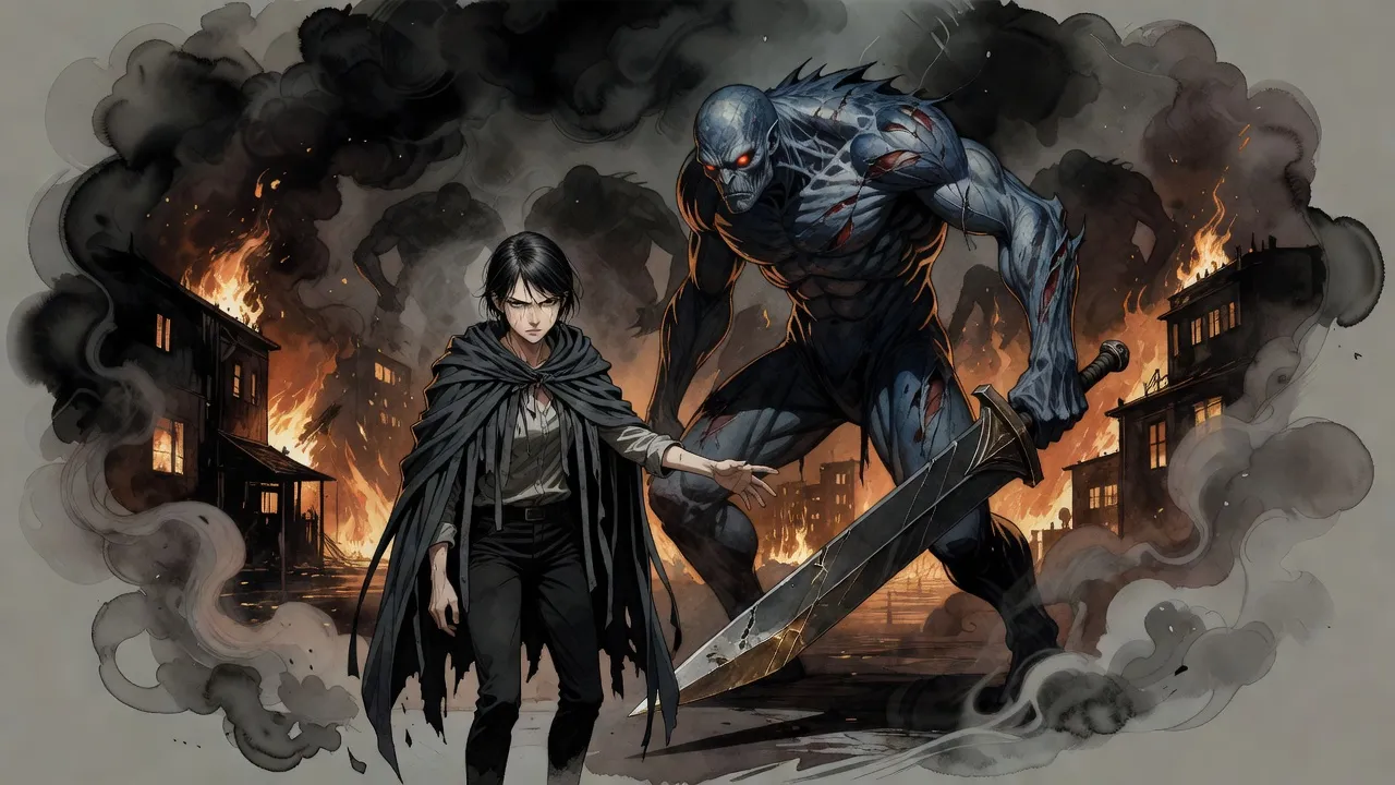 In a burning street at night an exhausted young woman stretches out one hand and an enormous blue-grey creature stops mid-stride before her, more huge shapes halted behind it.