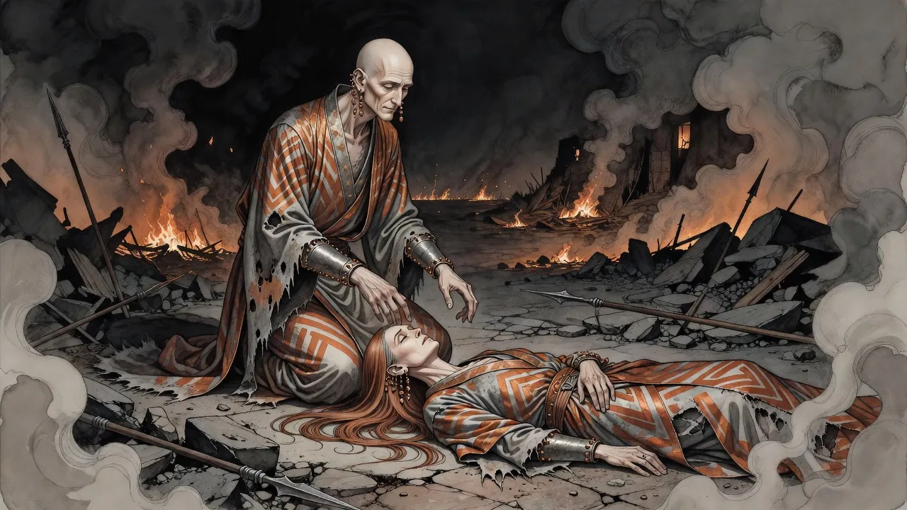 In a ruined, smoky street at night a tall bald man in torn robes kneels beside the still body of a grey-haired woman.