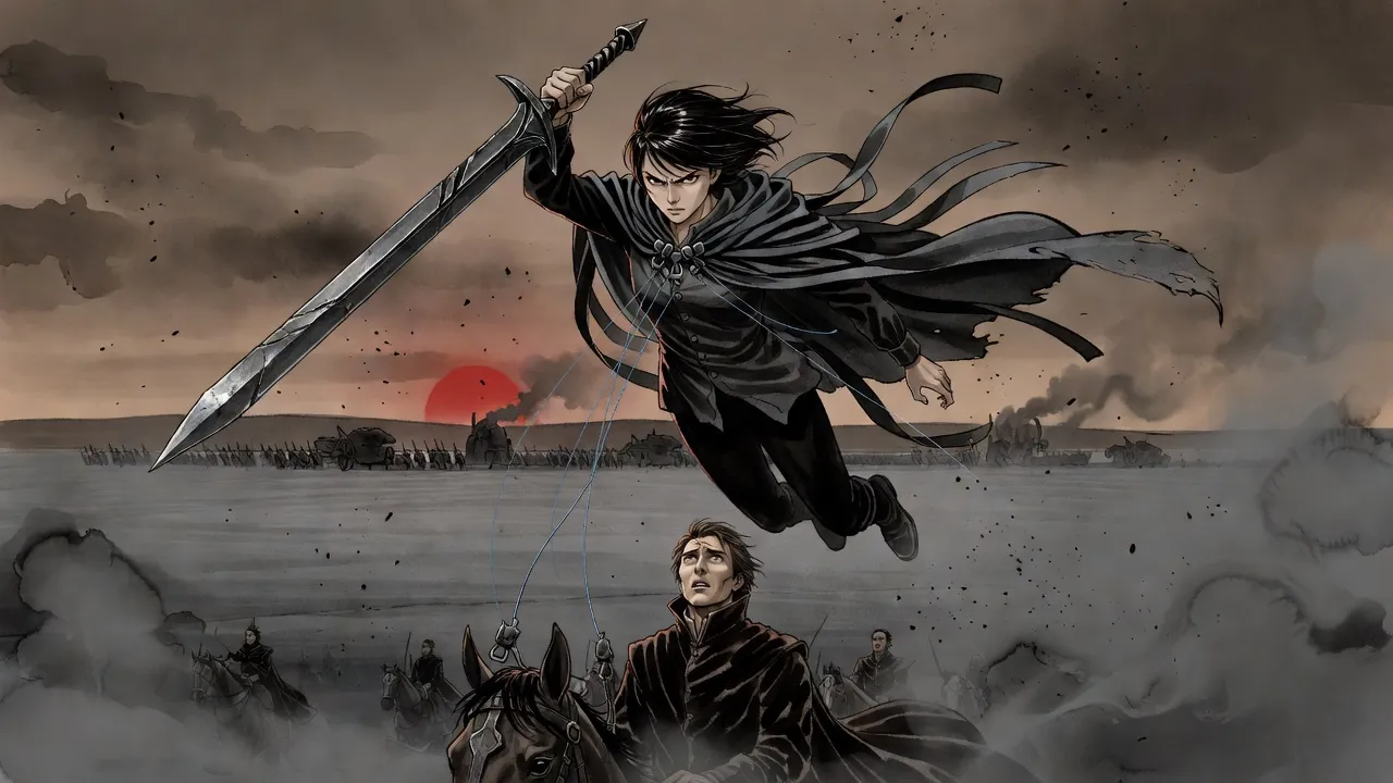 At dawn on an ashen plain a young woman in a tasselled cloak, a huge sword in her hands, hurtles down out of the sky toward a tall nobleman on a warhorse who looks up in horror.