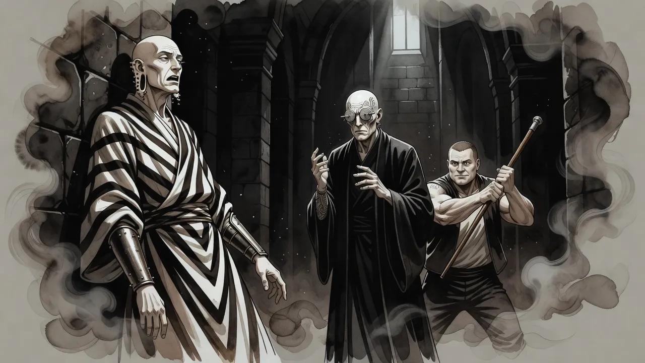 In a dark stone hall a tall bald man slumps against the wall, facing a black-robed figure with discs for eyes, while a muscular man creeps up behind it with a cane raised.