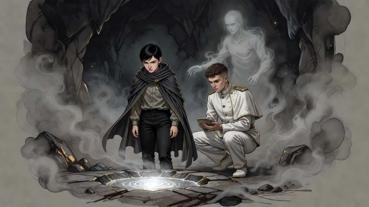 In a smoky cavern lit from below a young woman stares into a small pool of glowing white metal while a young man in white examines a clay disk and a figure of mist rises behind him.