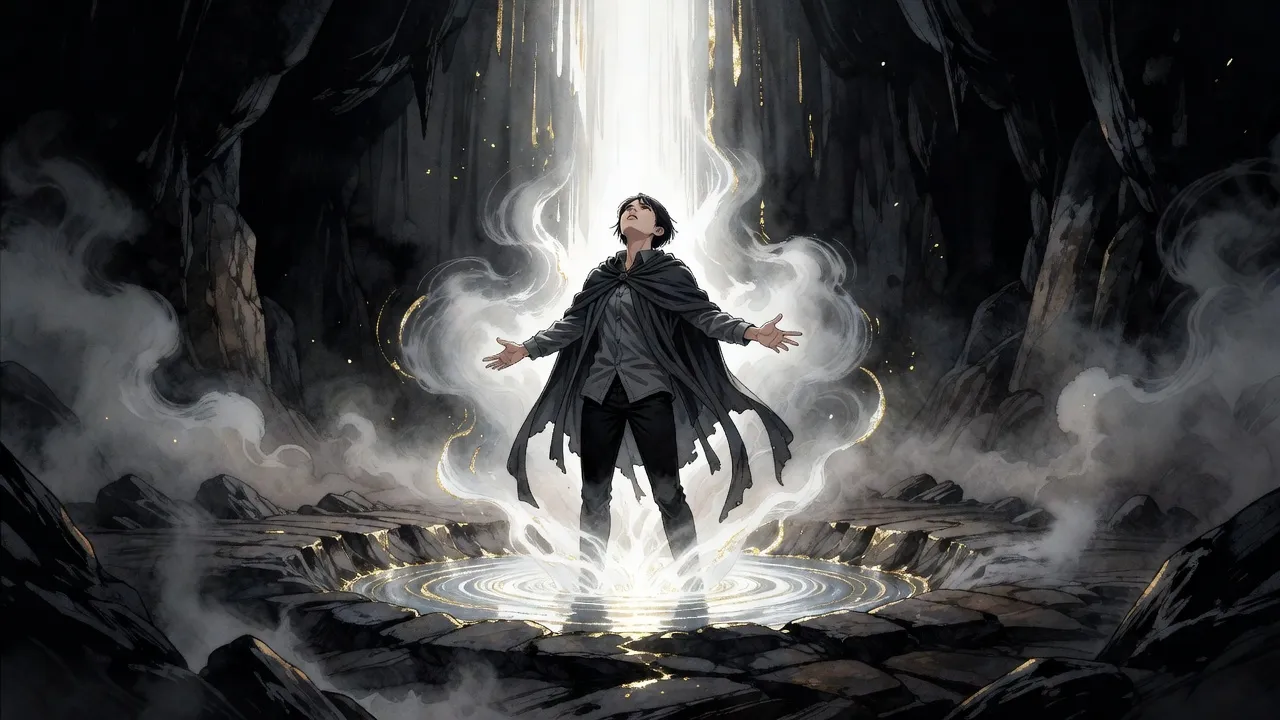 A young woman stands in a small glowing pool with her arms spread as a pillar of white light and churning mist pours up around her.