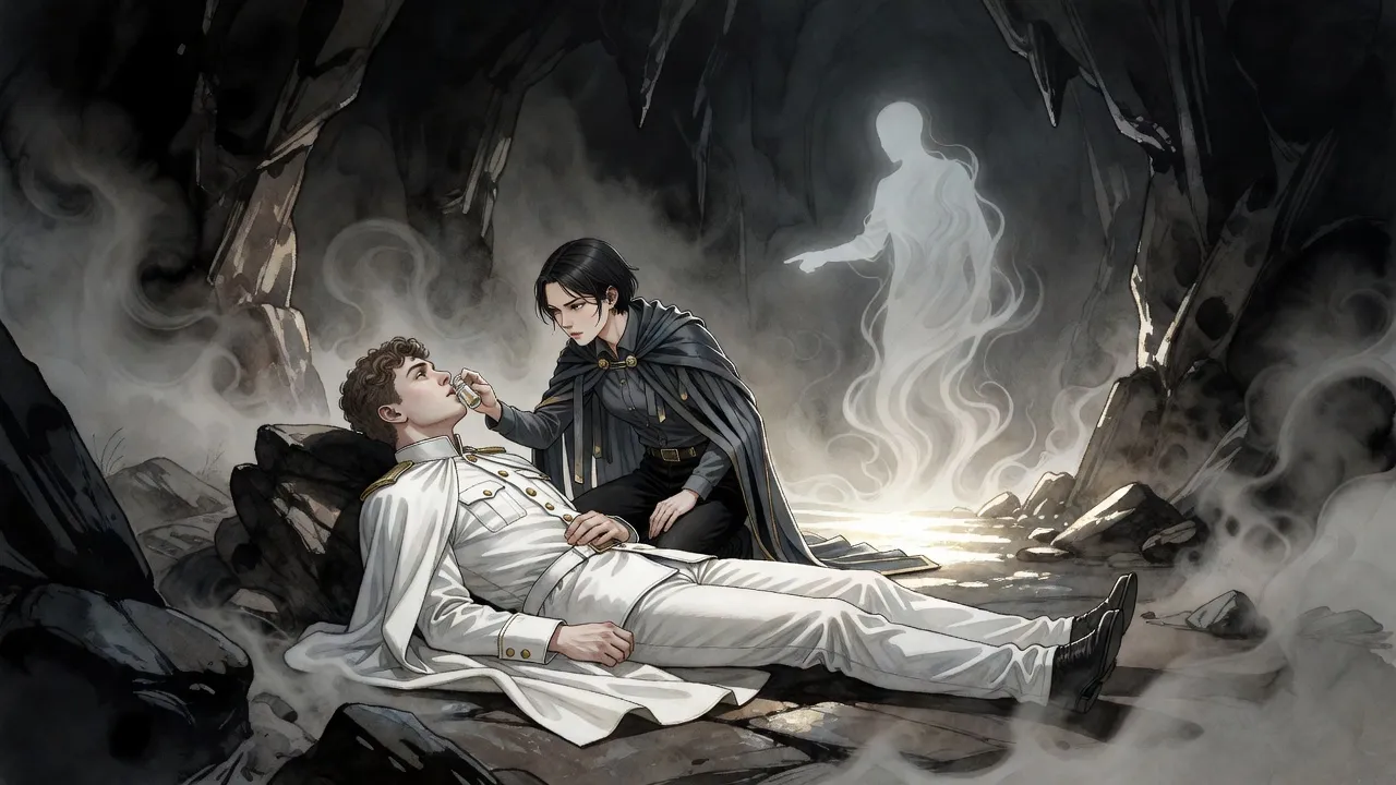 In a cavern lit by white light a young woman kneels holding a small vial to the lips of a pale young man lying on the rock, while a figure of mist points down at them.