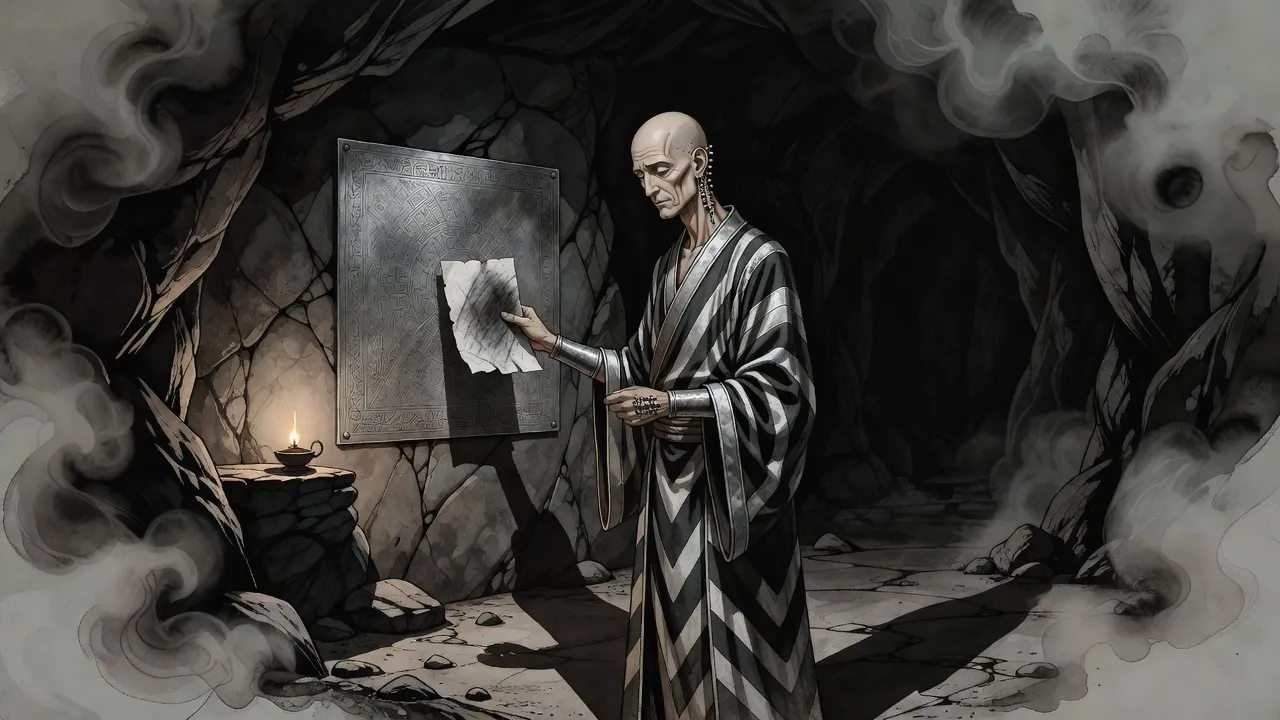 A tall bald man stands in a rock chamber by lamplight holding a sheet of paper up beside a large engraved steel plate, his face hollow with grief.