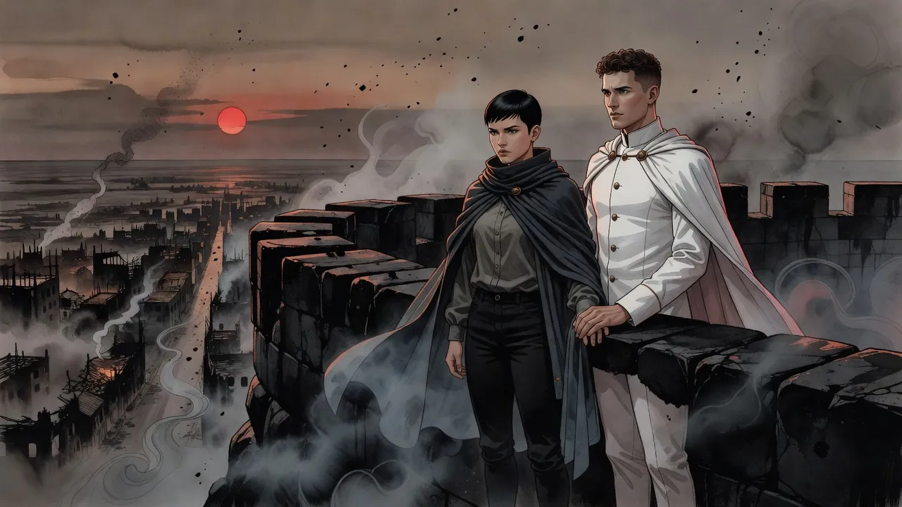A young woman and a young man in white stand together at the parapet of a black city wall at dusk, a burned city behind them.