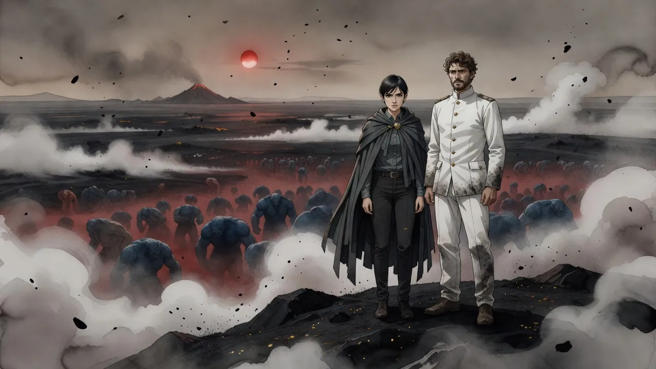 A bearded young man in a white uniform and a small young woman in a cloak of cloth strips stand on a ridge of black ash under a hazy red sky, mist in the hollows and an army of huge brutes on the plain below.