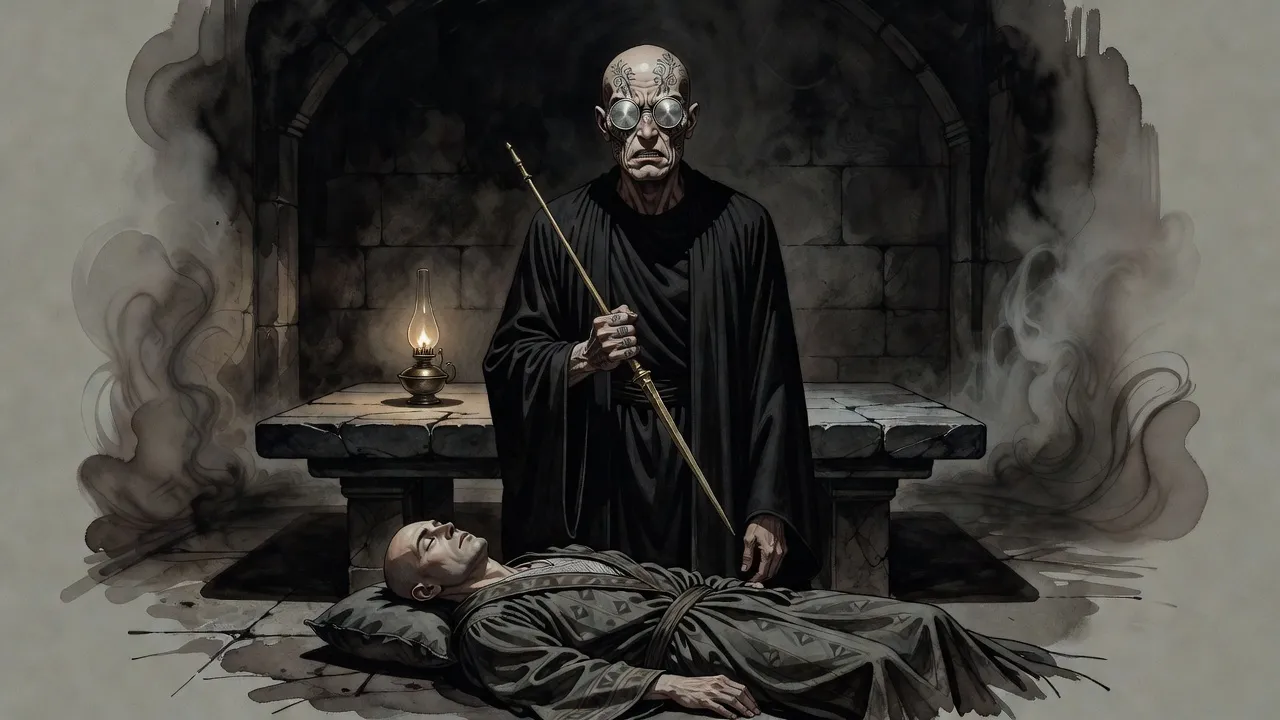 A tall bald man with steel discs in his eye sockets stands in lamplight over a robed man lying on a stone table, a brass stake in his fist.