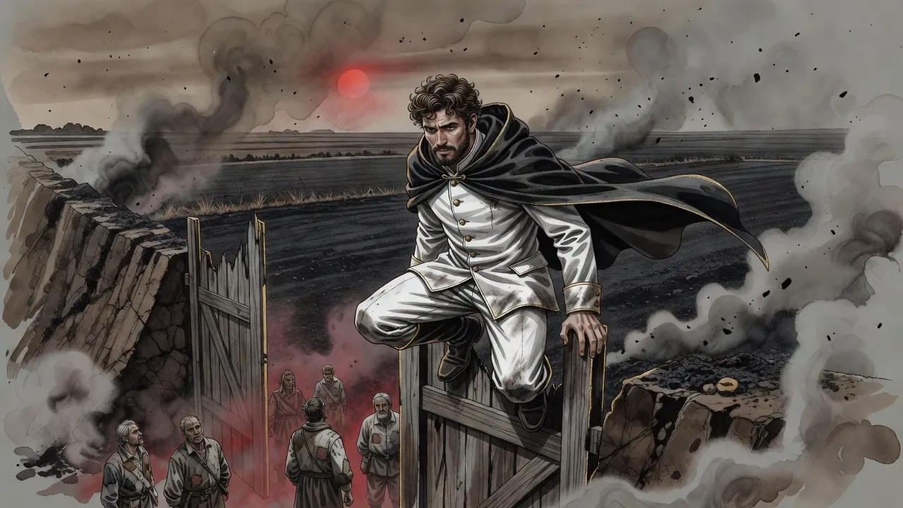 A bearded man in a white uniform lands on top of a wooden town gate as his dark hooded cloak whips back, black ash falling over the fields.