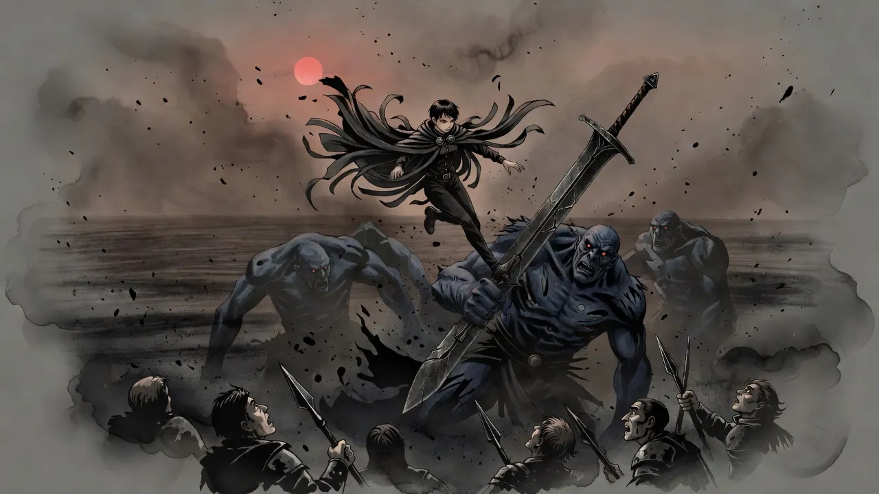 A small young woman in a cloak of strips drops feet-first from a hazy sky onto the head of a towering blue-grey brute as ragged soldiers stare up.