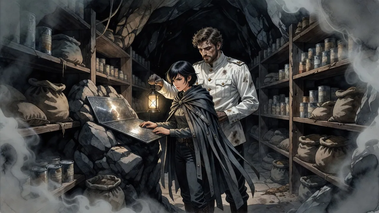 In a lantern-lit cavern lined with shelves of stores, a young woman rests her fingertips on an engraved steel plate while a bearded man reads over her shoulder.