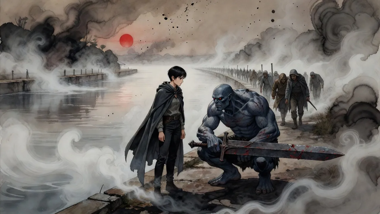 A small young woman in a strip-cloak looks up at a huge blue-grey brute squatting beside her on a misty canal bank while refugees trudge past.