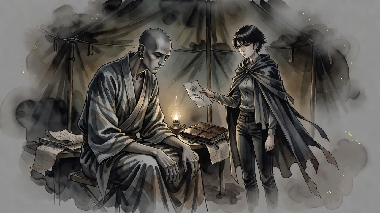 In a lamplit tent a tall, grieving bald man sits bowed on a stool while a small young woman holds out a worn paper with a drawing of a flower.