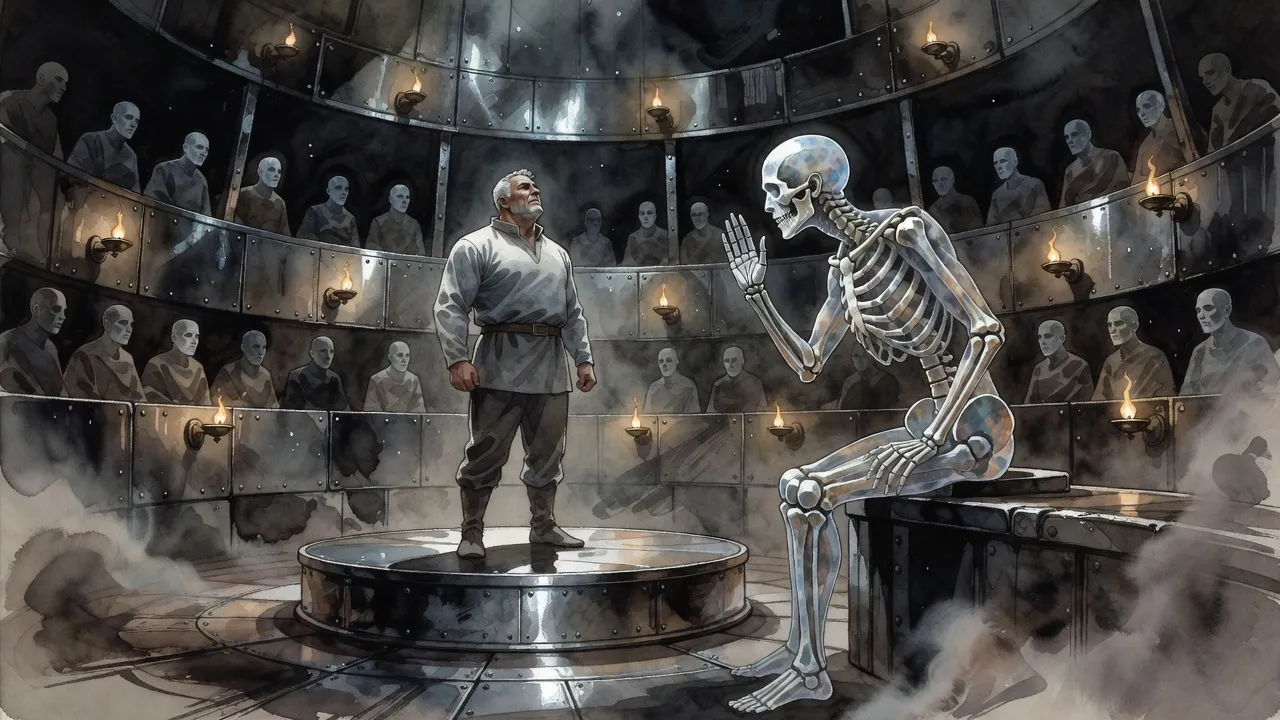 In a round, metal-walled hall lit by oil lamps, a lone figure stands on a low steel platform before a glassy-skinned judge and rows of watching shapes.
