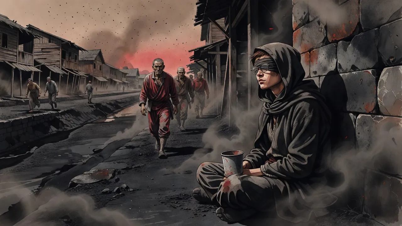 A tall young man with a dark cloth over his eyes sits like a beggar against the wall of a dry, ash-floored canal as men in red walk past.