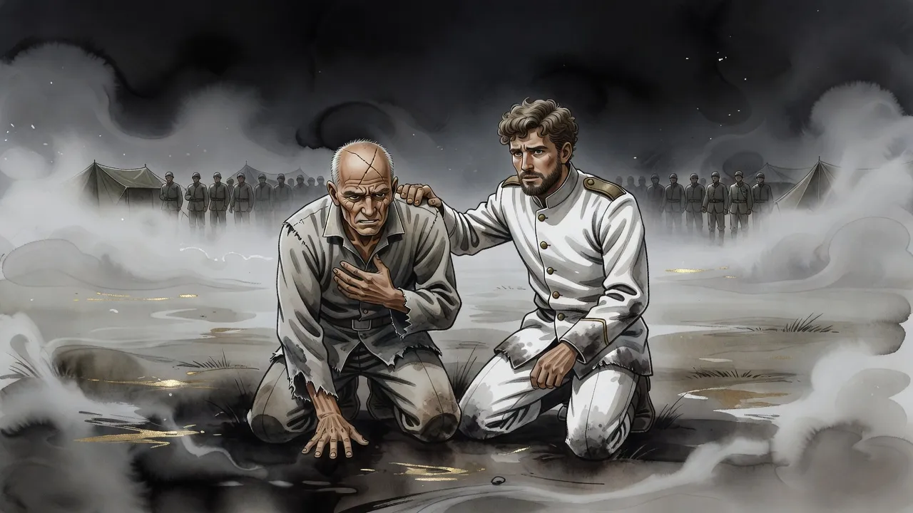 In a misty night camp a grizzled soldier drops to his knees, shaking, while a bearded man in a white uniform crouches beside him and ranks of soldiers stand behind.
