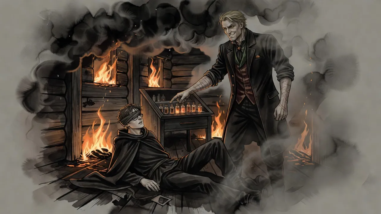 A dazed young man lies on the floor of a burning room while a pale, wavering figure of a scarred, fair-haired man points him toward a desk of glass vials.