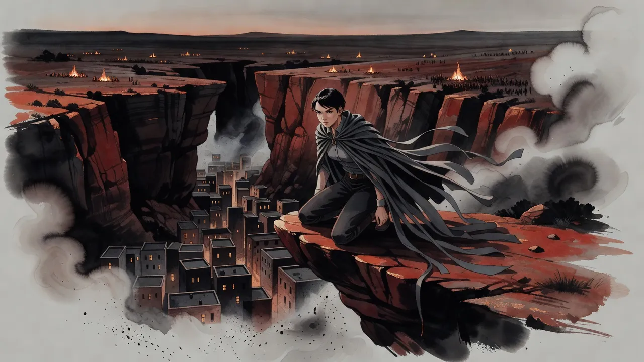 At dusk a small cloaked young woman crouches on a ledge of red-orange rock above a walled city, campfires of an army glowing on the plain beyond.