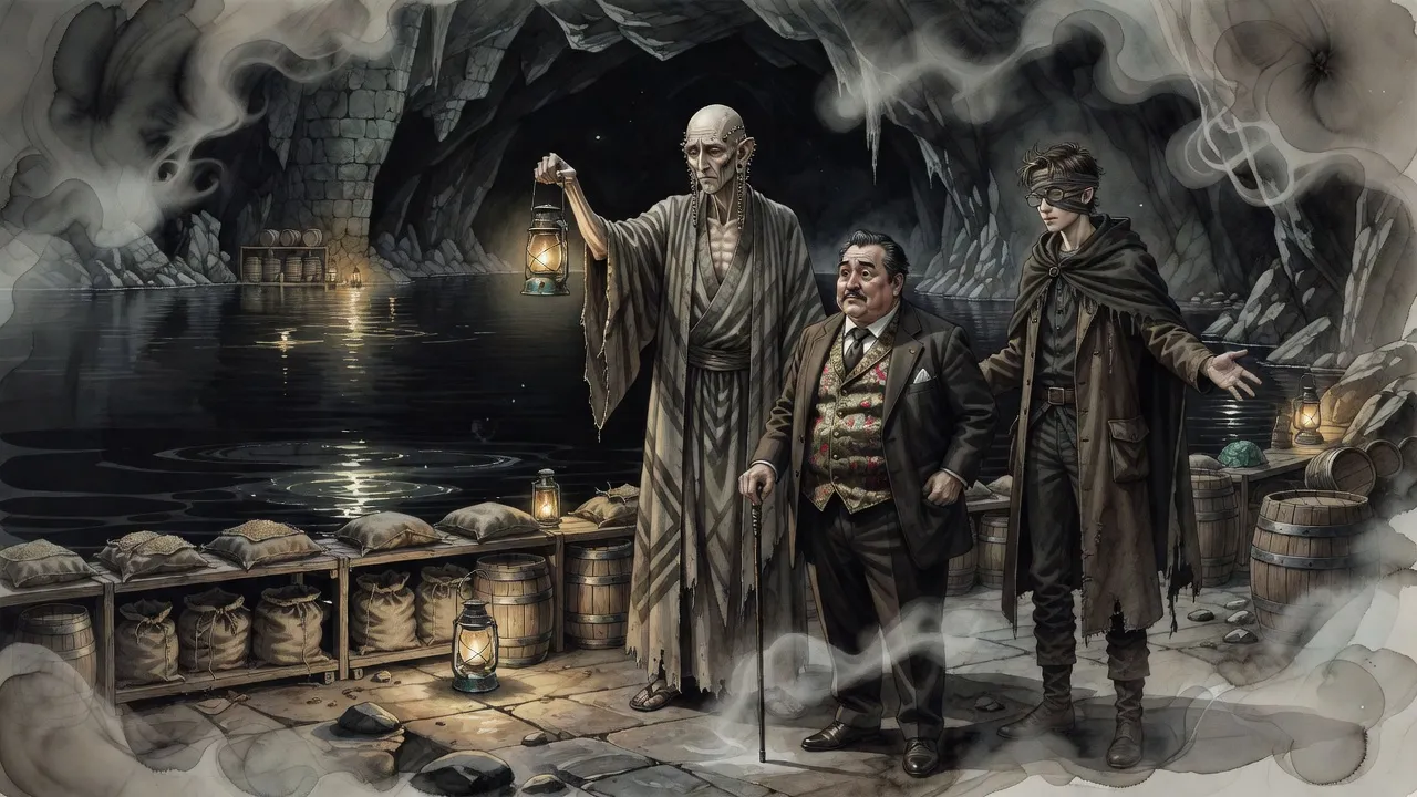 Beside a still underground lake lined with shelves of stores, a tall bald man with a lantern, a portly man with a cane and a blindfolded young man look out over the water.
