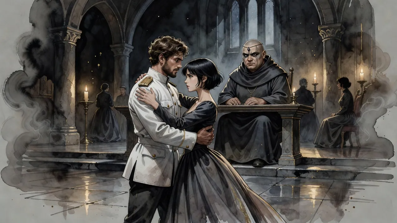 In a candlelit stone ballroom a bearded man in white dances with a small dark-haired woman in a gown, watched from a high table by a shaven-headed man with a bead on his brow.