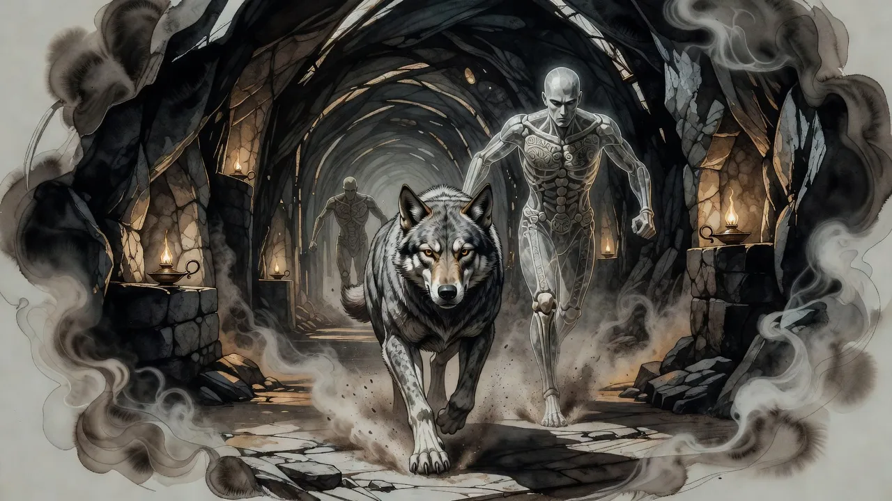 A huge mottled-grey wolfhound races down a lamplit rock tunnel toward the viewer while a tall guard with glassy skin lunges too slowly behind it.