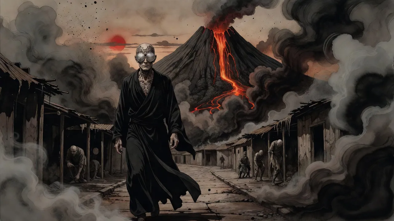 A tall bald man in black robes with steel discs in his eyes walks down an empty street of huts as a volcano behind him pours glowing lava.