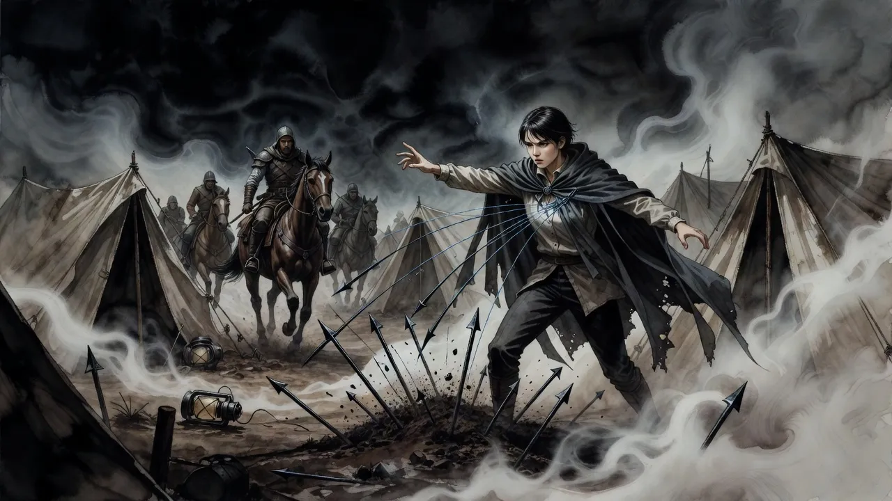 In a misty night camp a small young woman flings out one arm, glowing blue lines running to iron tent stakes that fly toward a mounted raider.