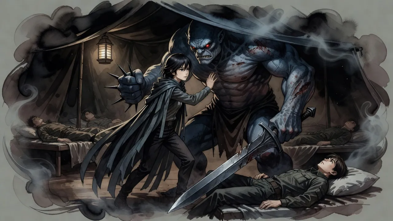 In a dim infirmary tent a huge blue-grey brute with iron spikes in its fist reaches toward a sleeping soldier as a small young woman steps between them.
