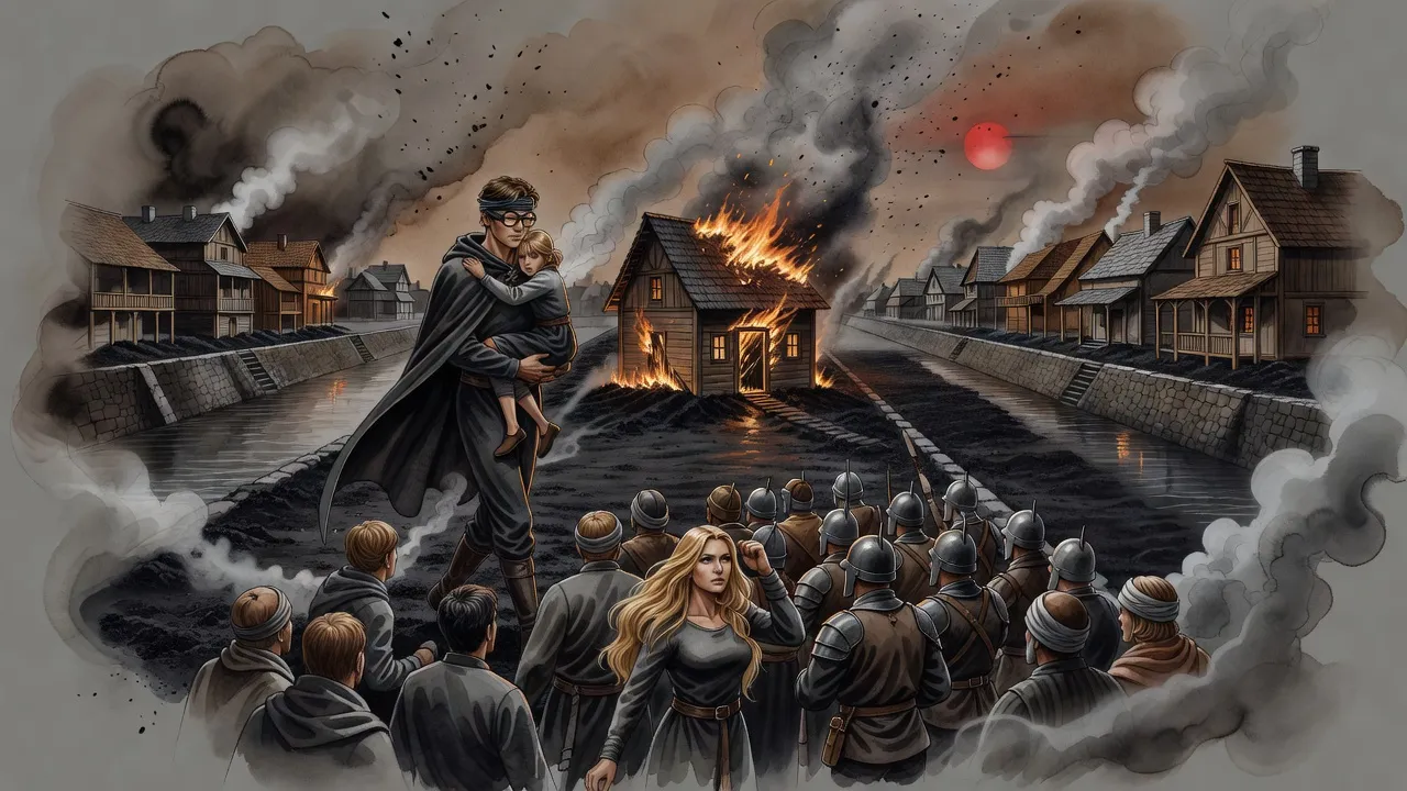 A tall blindfolded young man strides out of a blazing wooden building with a small girl clinging to his neck while a crowd surges at a line of soldiers.