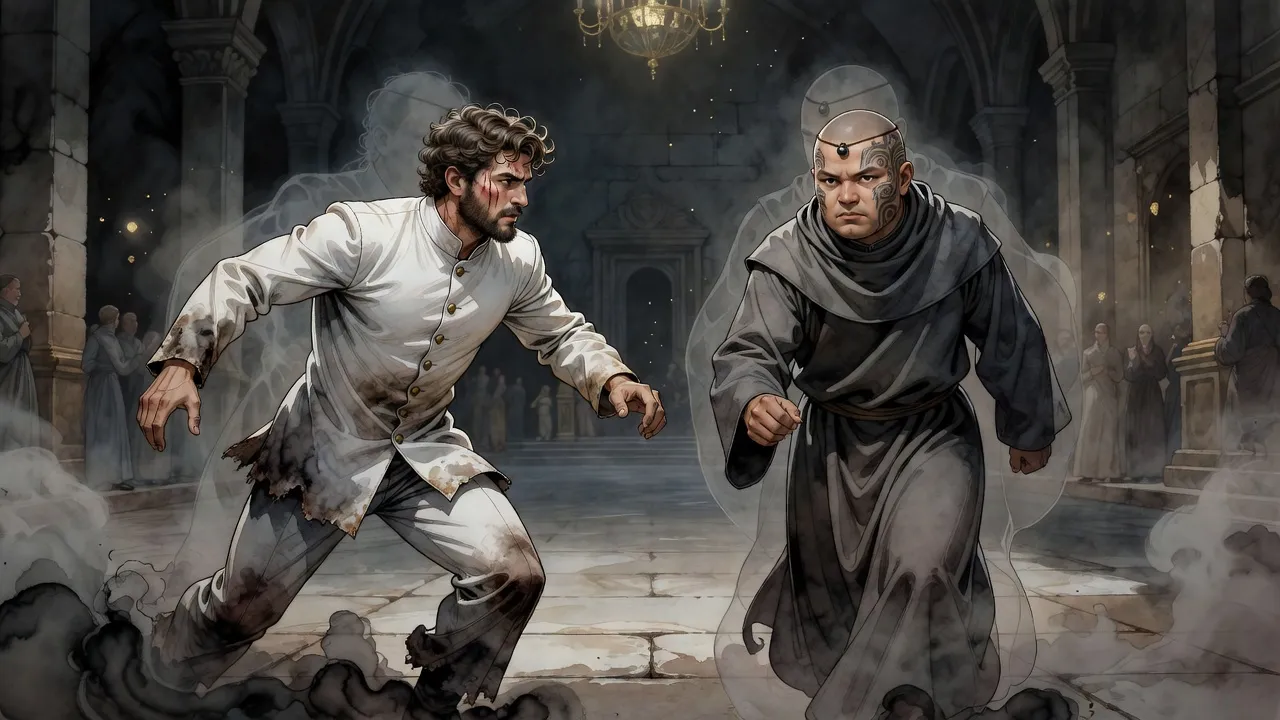 On an emptied ballroom floor a bearded man in white lunges at a calm, shaven-headed man with a bead on his brow, each trailed by a faint ghostly double.