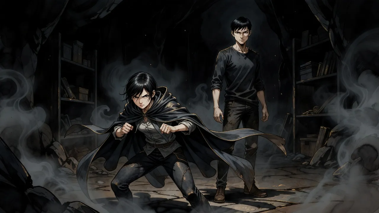 In a pitch-black cavern a small young woman crouches with fists raised as a calm young man with a faint smile stands a few paces away.