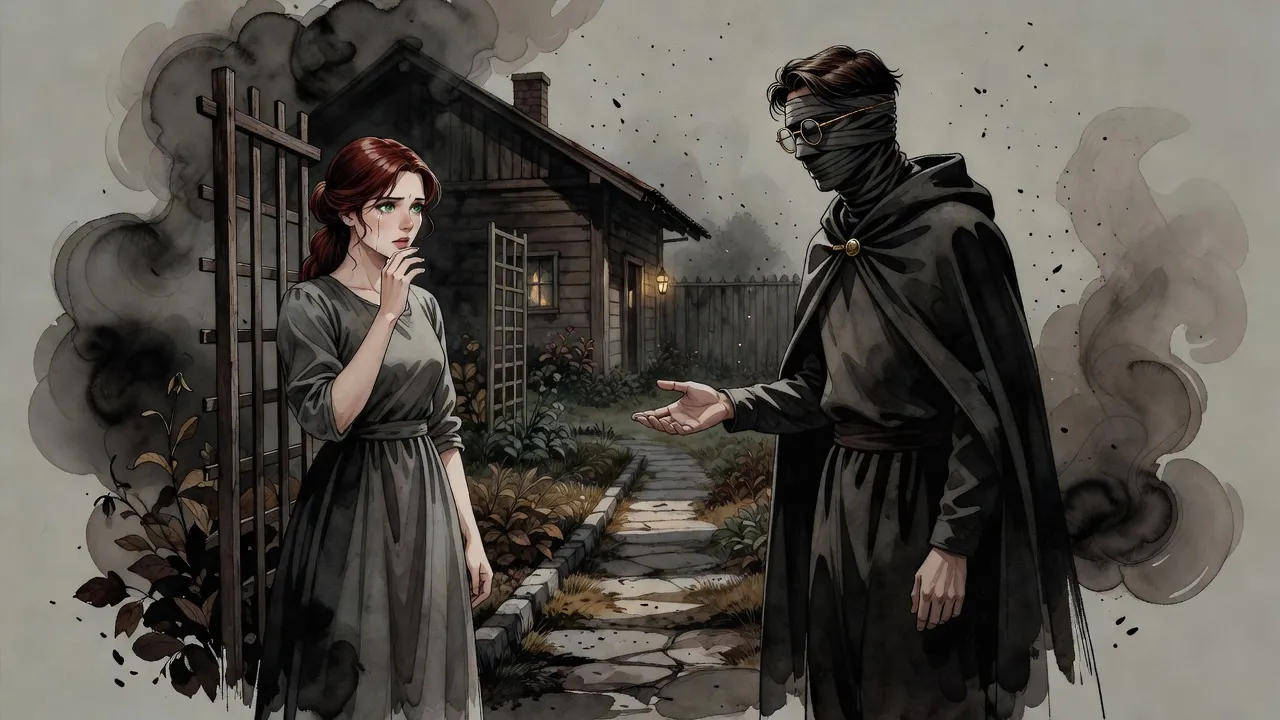 In a small walled garden of brown-leaved plants, an auburn-haired young woman raises a hand to her mouth as a tall blindfolded young man holds out his hand to her.