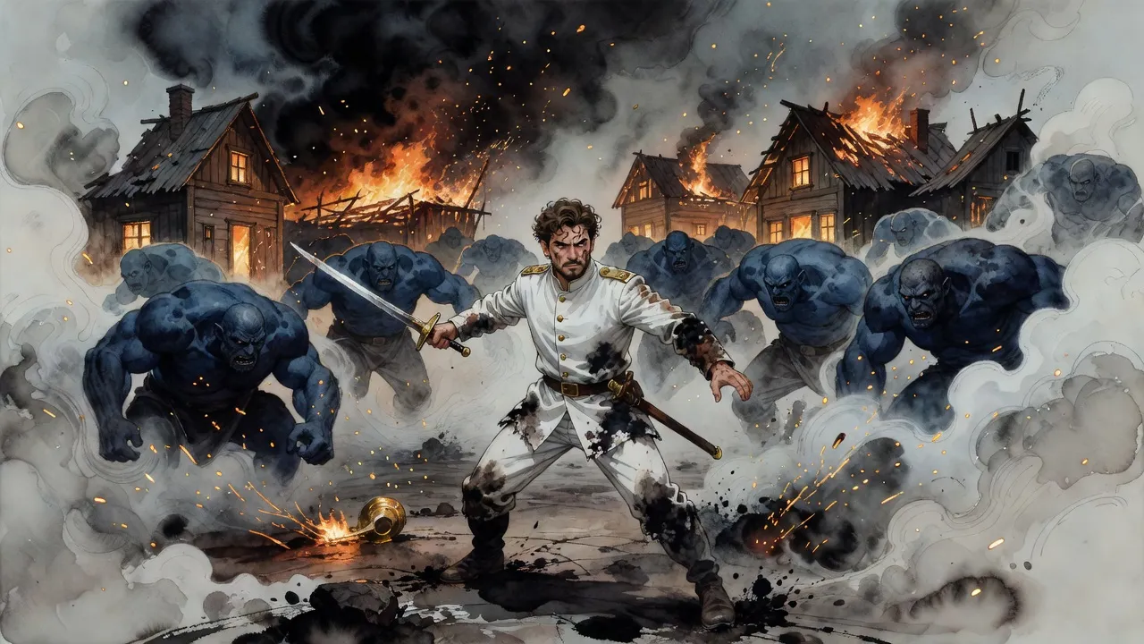 In a burning village at night a bearded man in a soot-streaked white uniform fights alone with a sword as huge blue-grey brutes fall back around him.