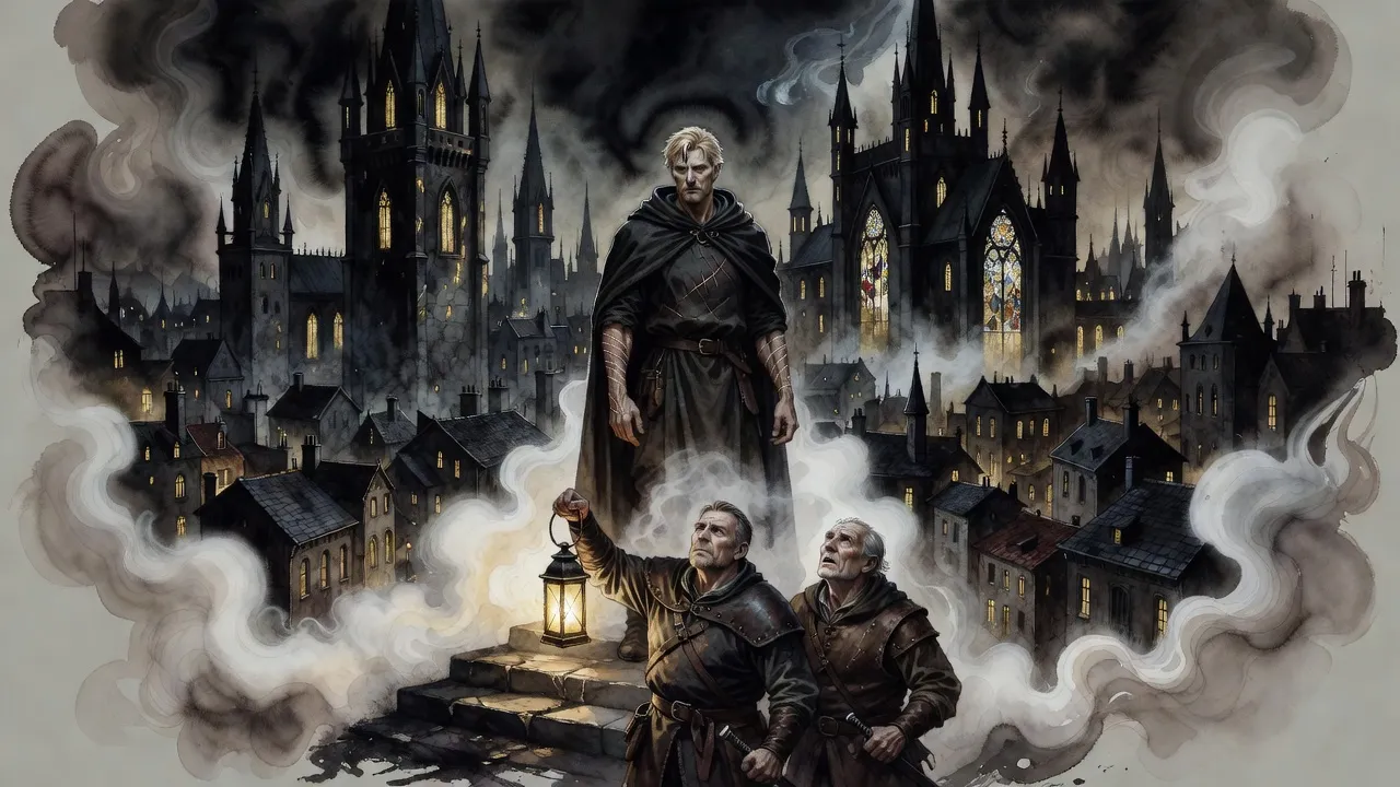 On a doorstep in an ash-choked city at night, a tall, scarred, fair-haired man in a dark cloak speaks to two awed guards, one holding a lantern.