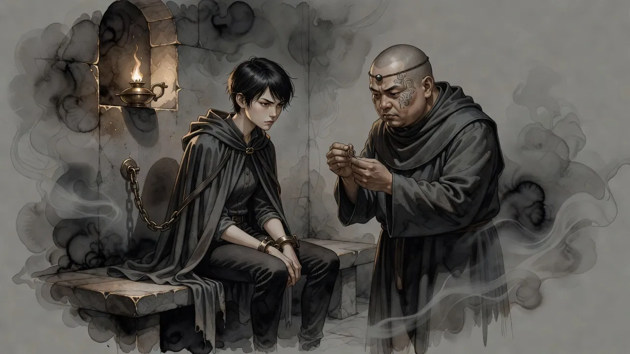 In a lamplit stone cell a young woman chained by one wrist watches a shaven-headed man with a bead on his brow study a tiny earring stud.